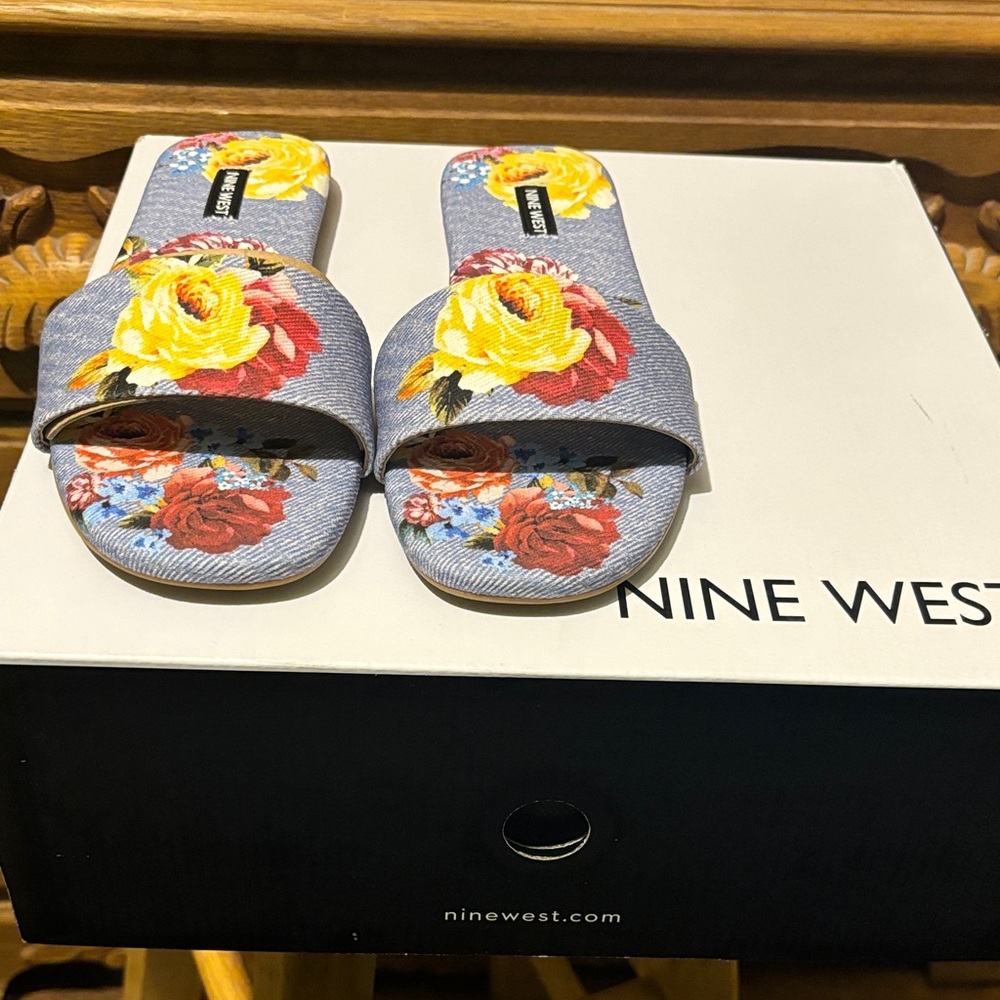 Nine West light blue Floral Slide Sandals